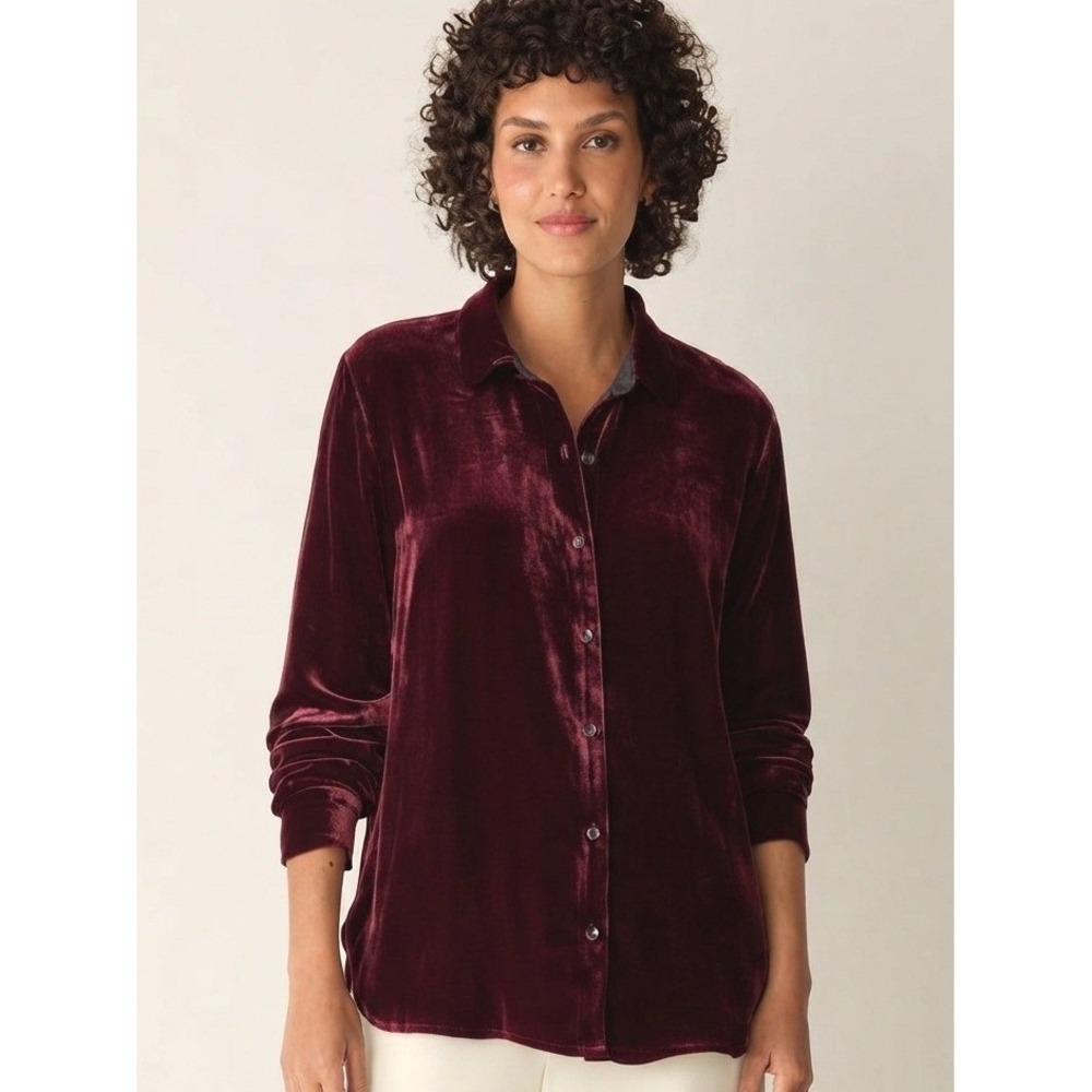 NWT Eileen Fisher Women's Velvet Classic Collar Long Shirt Silk Blend Burgundy M